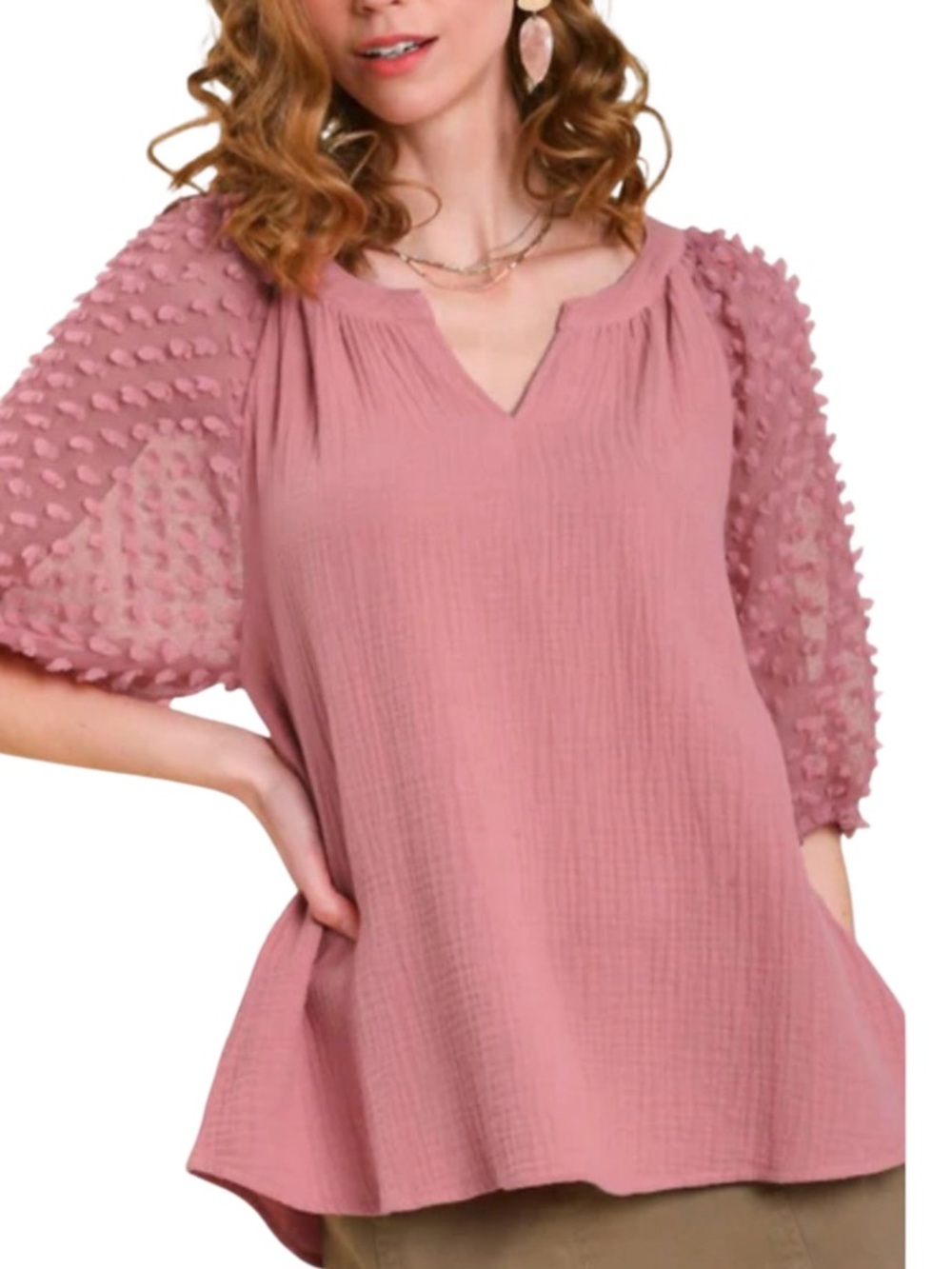 Umgee | Women’s Pink Textured Swiss Dot Sleeve V-Neck Top Puff Sleeved | 1X